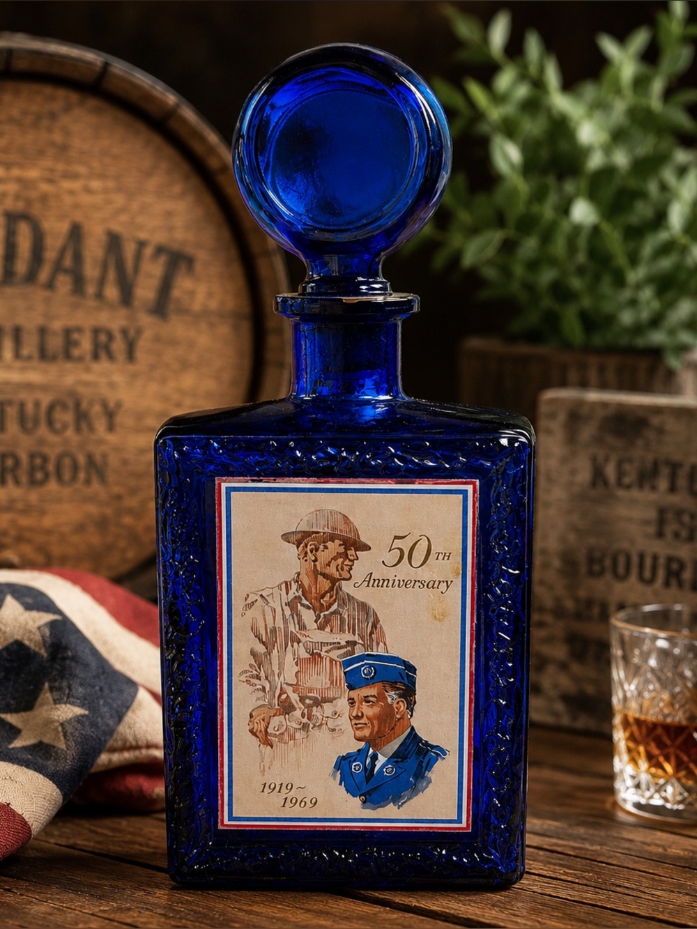 Vintage 1969 J.W. Dant 50th Anniversary Cobalt Blue Bourbon Decanter w/ Original